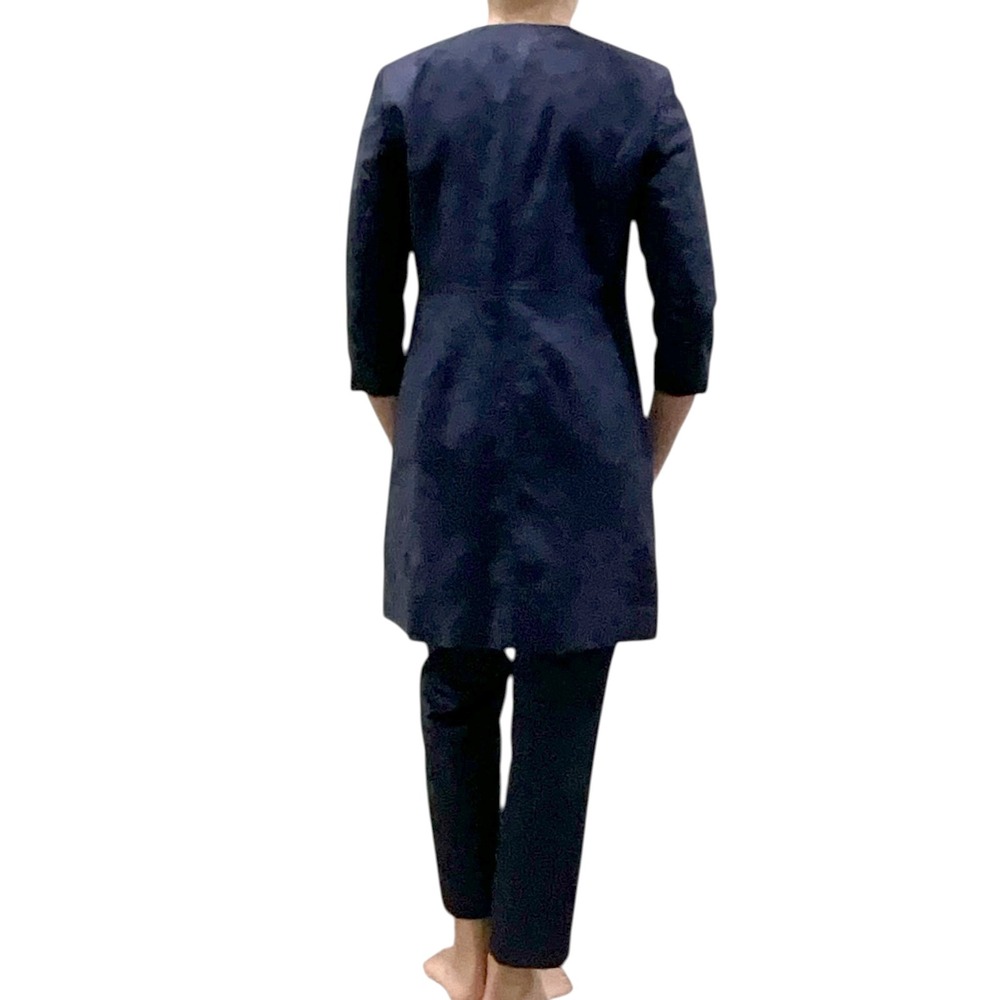 Talbots Petites Navy Blue Brocade Jacquard Collarless Long Jacket Coat Pant Suit - Picture 4 of 10